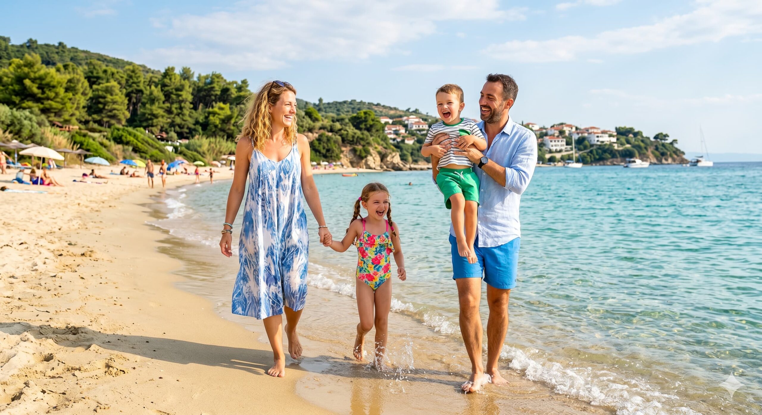Glückliche Familie am Strand während des Familienurlaubs auf Chalkidiki