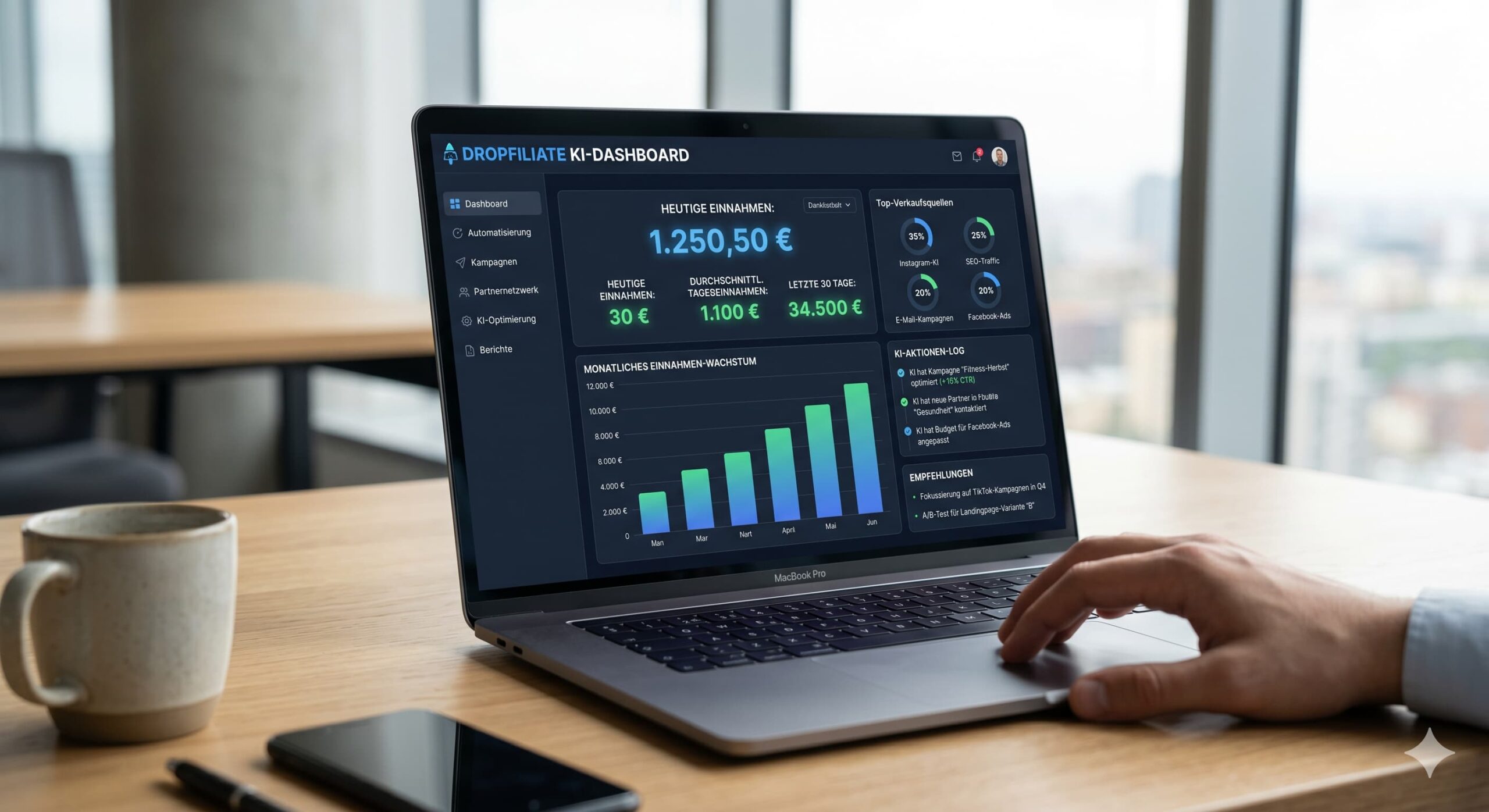 KI-gesteuertes Dashboard der Dropfiliate App für automatisierte Einnahmen